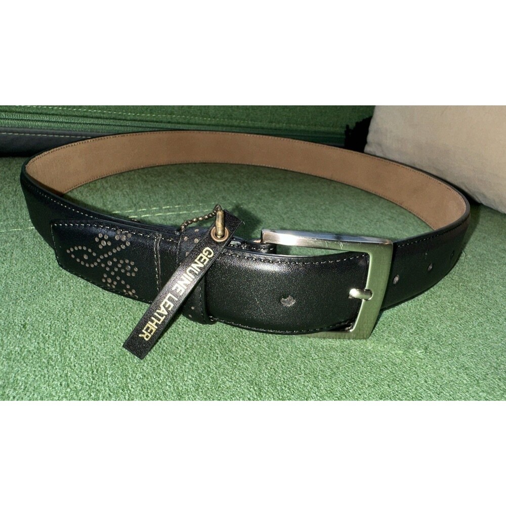 Tasso Elba Genuine Leather BLACK Belt 32 Silver Buckle, Unique Punch Design